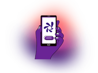 Ilustração de uma mão segurando um celular com o ícone do 4bee Work+
