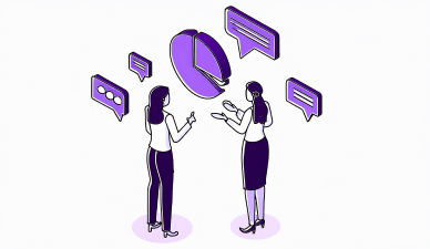Ilustração de duas mulheres em pé com ícones na rede social corporativa