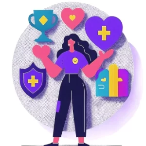 Ilustração de uma mulher em volta de um monte de ícones visando mostrar os benefícios corporativos que a corretora de saúde oferece