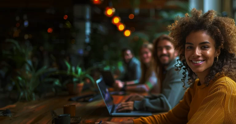 Profissionais de Tecnologia sentados em uma mesa demonstrando alegria e satisfação por ter benefícios, estabilidade e segurança com a entidade Beware que ajuda a proporcionar planos de saúde coletivos com qualidade.